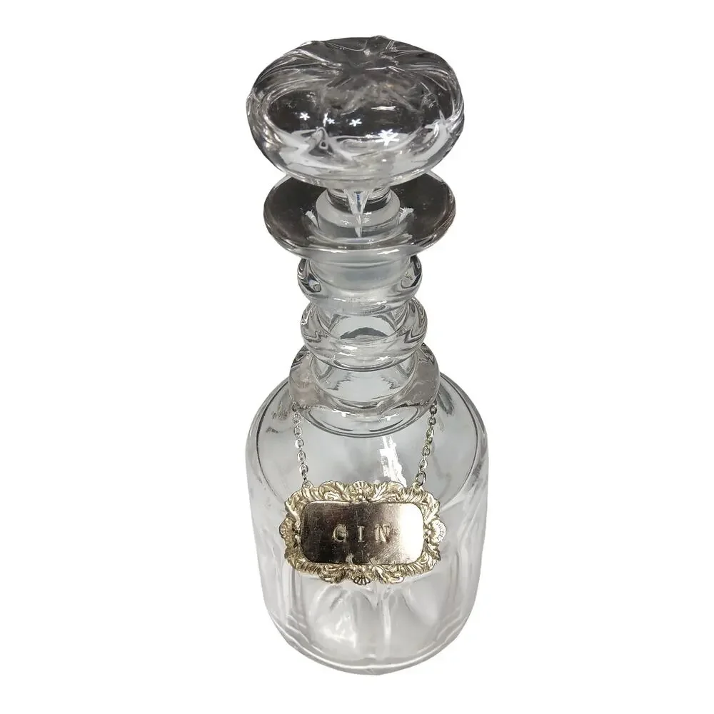 Vintage Glass Decanter Gin English Silverplate Label Tag Mushroom Stopper